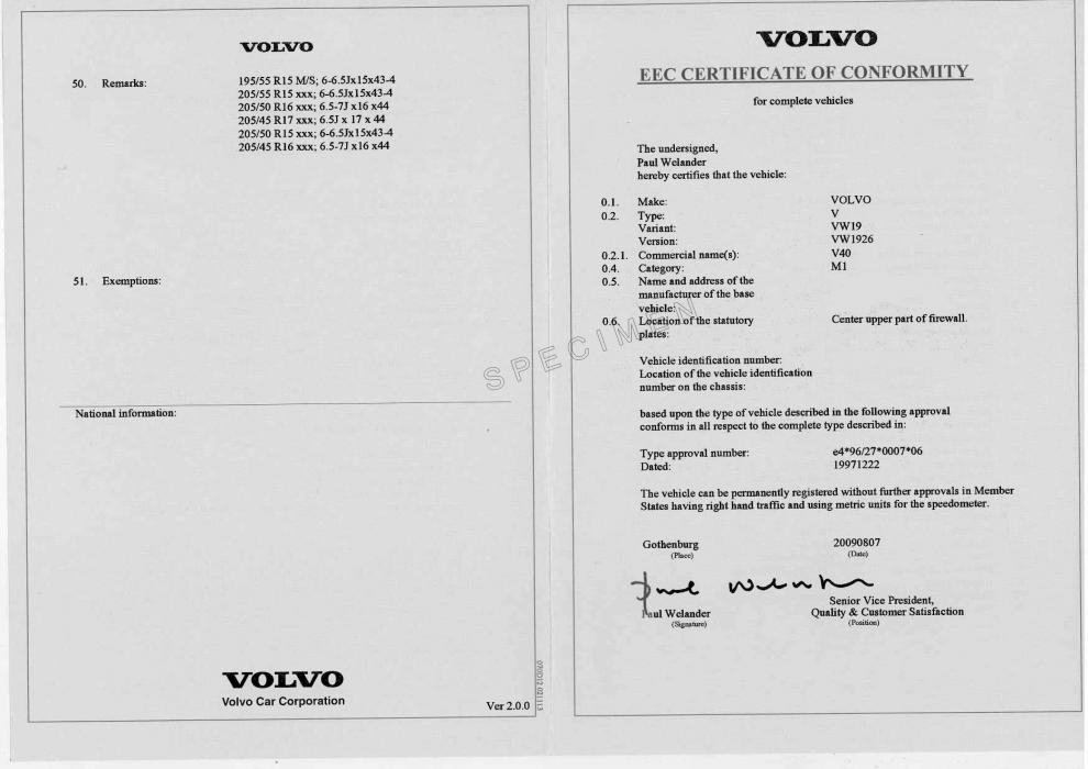 Vente de certificat de conformité Volvo